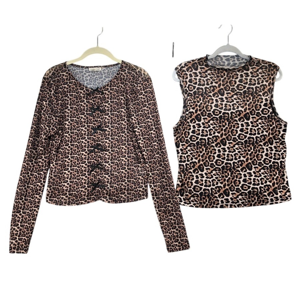Mainstrip SSYS The Label Mesh Leopard Top Set Womens L XL Bows Animal Print